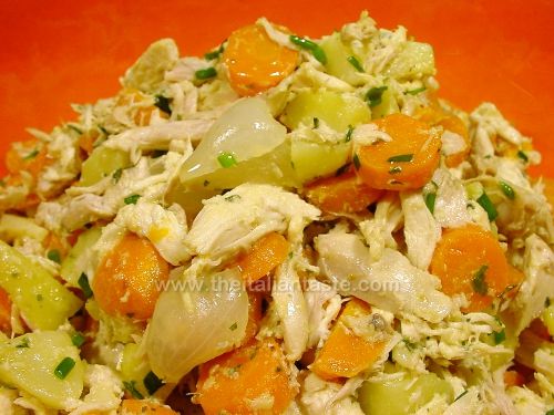 Boiled, mustard-flavored salad, carrots and potatoes