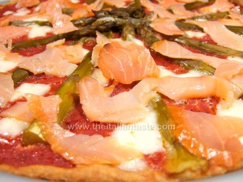 Salmon and asparagus pizza