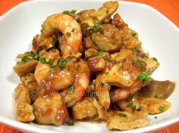 Sausage, chicken, shrimp, mushroom stew